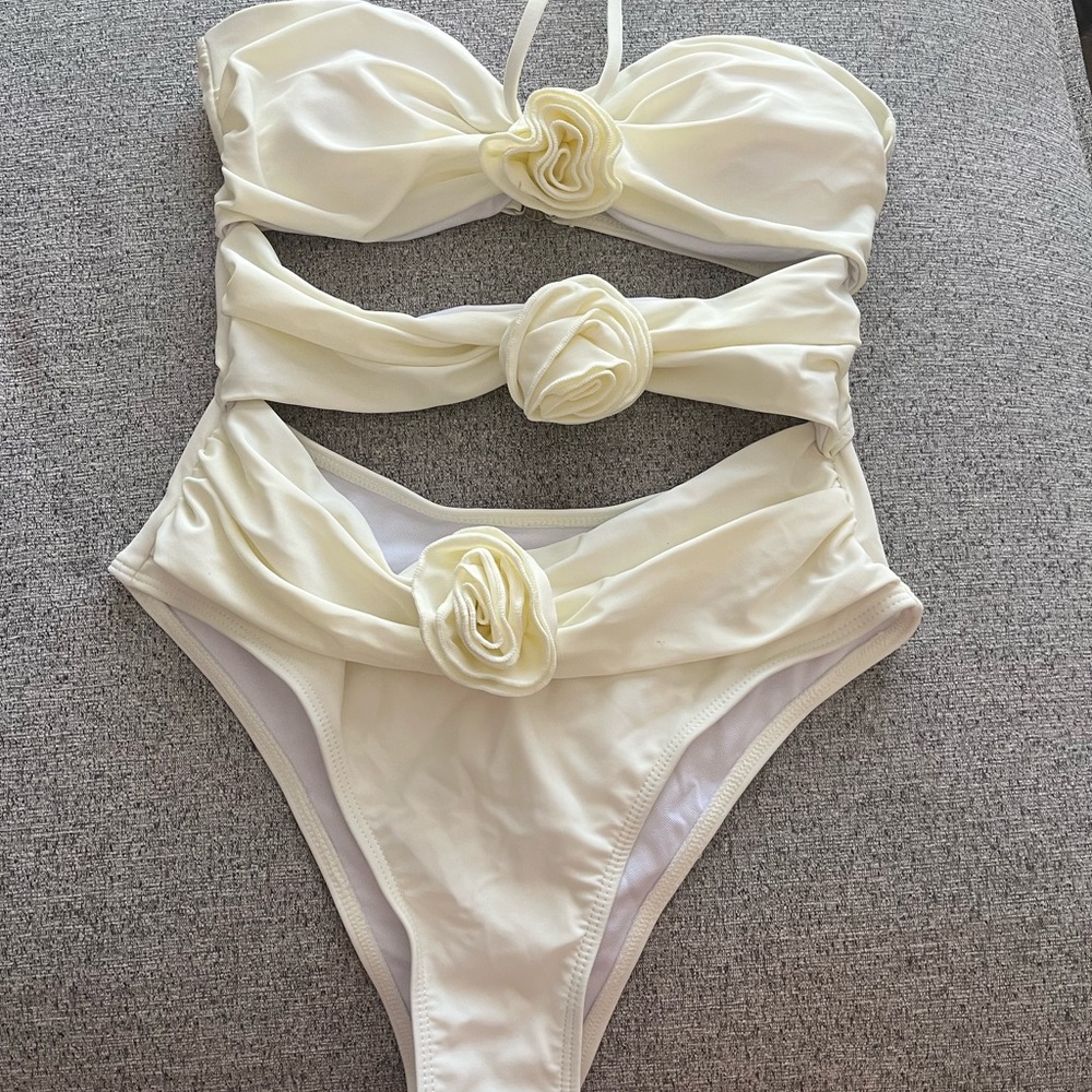 Elegant Cream One-Piece Swimsuit with Floral Accents